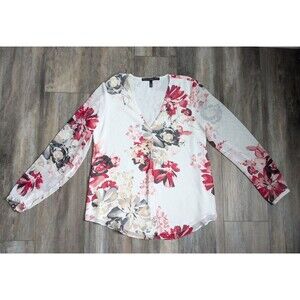 White House Black Market Floral Swiss Dot V-Neck Peasant Blouse 4 Lined Sheer